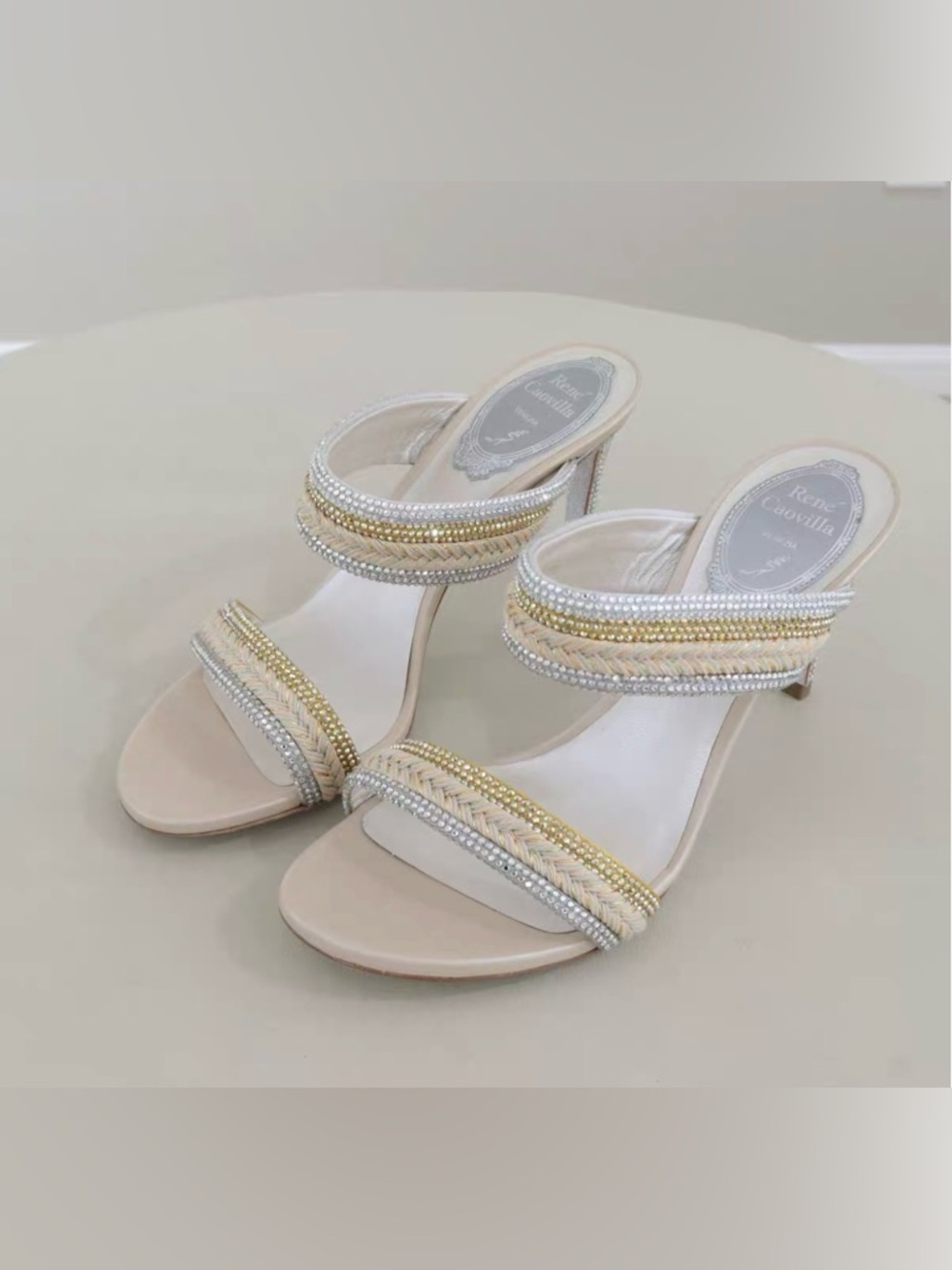 🚩steal Rene Caovilla Cream Slide Heels with Gold and Silver Bead Detailing